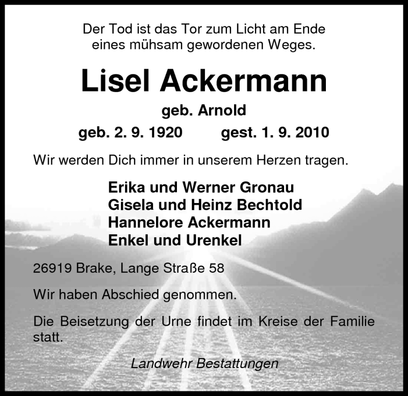  Traueranzeige für Lisel Ackermann vom 03.09.2010 aus Nordwest-Zeitung
