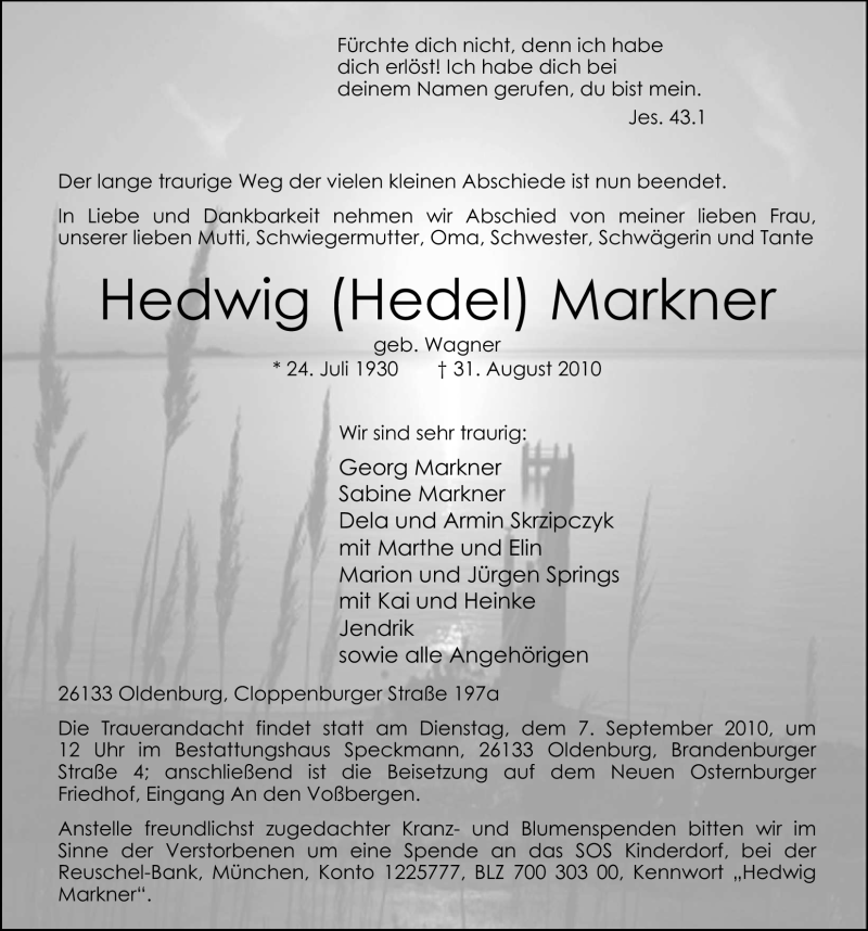  Traueranzeige für Hedwig (Hedel) Markner vom 04.09.2010 aus Nordwest-Zeitung
