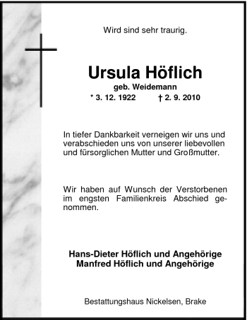 Traueranzeige von Ursula Höflich von Nordwest-Zeitung
