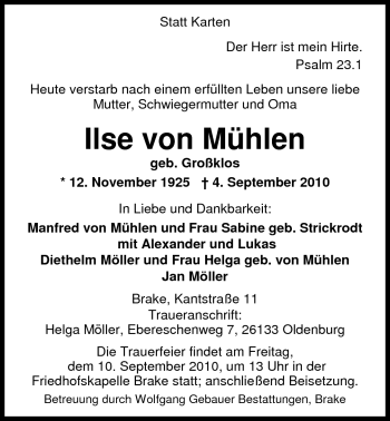 Traueranzeige von Ilse von Mühlen von Nordwest-Zeitung
