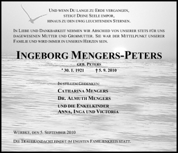 Traueranzeige von Ingeborg Mengers-Peters von Nordwest-Zeitung