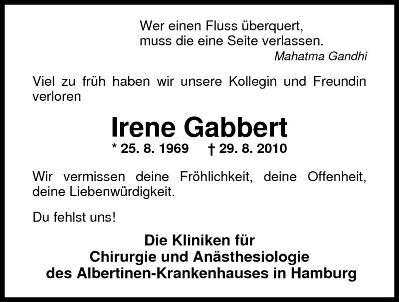  Traueranzeige für Irene Gabbert vom 11.09.2010 aus Nordwest-Zeitung