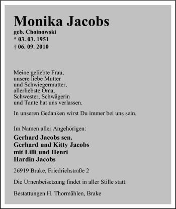Traueranzeige von Monika Jacobs von Nordwest-Zeitung