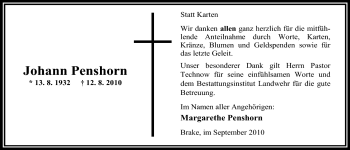 Traueranzeige von Johann Penshorn von Nordwest-Zeitung