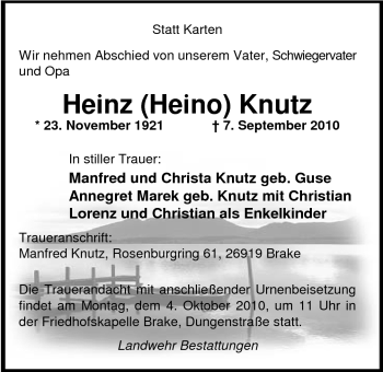 Traueranzeige von Heinz (Heino) Knutz von Nordwest-Zeitung