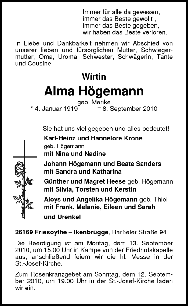  Traueranzeige für Alma Högemann vom 09.09.2010 aus Nordwest-Zeitung