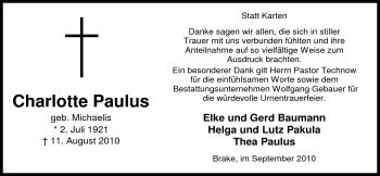 Traueranzeige von Charlotte Paulus von Nordwest-Zeitung