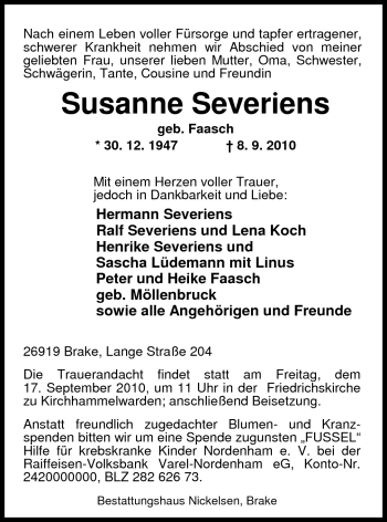 Traueranzeige von Susanne Severiens von Nordwest-Zeitung