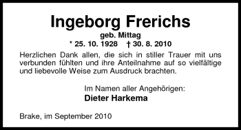 Traueranzeige von Ingeborg Frerichs von Nordwest-Zeitung