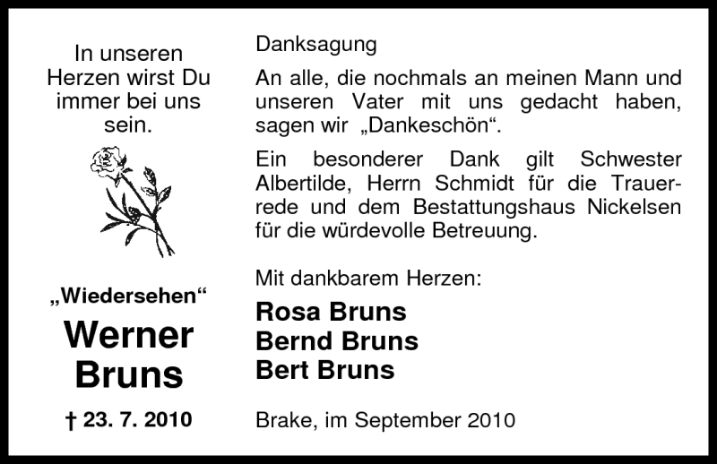  Traueranzeige für Werner Bruns vom 11.09.2010 aus Nordwest-Zeitung