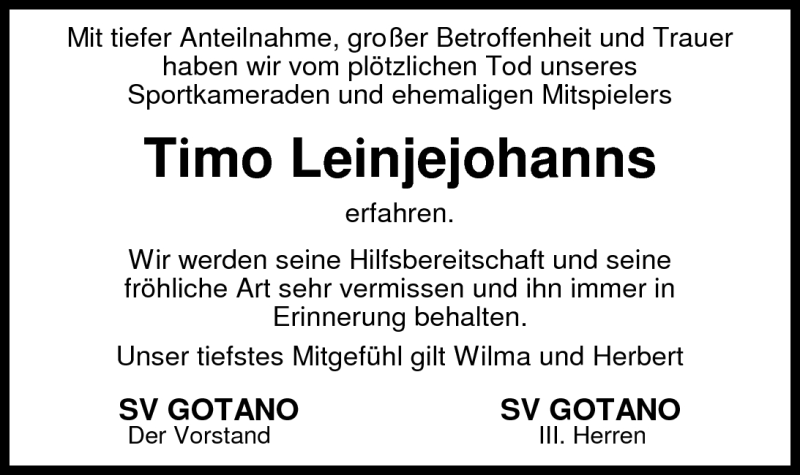  Traueranzeige für Timo Leinjejohanns vom 14.09.2010 aus Nordwest-Zeitung
