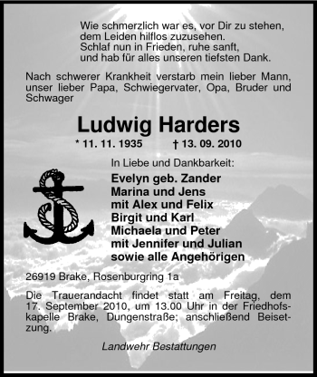 Traueranzeige von Ludwig Harders von Nordwest-Zeitung