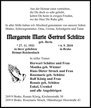 Traueranzeige von Margarete Marie Gertrud Schütze von Nordwest-Zeitung