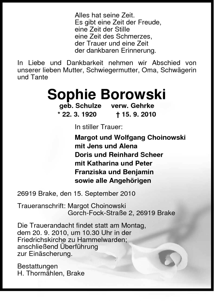  Traueranzeige für Sophie Borowski vom 16.09.2010 aus Nordwest-Zeitung