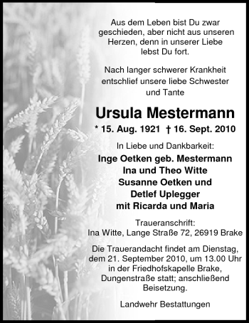 Traueranzeige von Ursula Mestermann von Nordwest-Zeitung