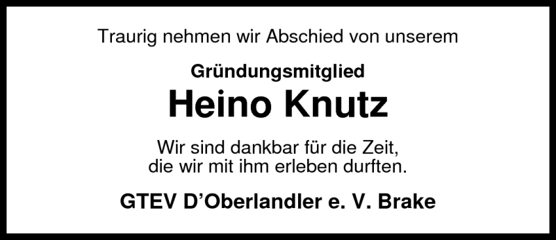  Traueranzeige für Heinz (Heino) Knutz vom 30.09.2010 aus Nordwest-Zeitung
