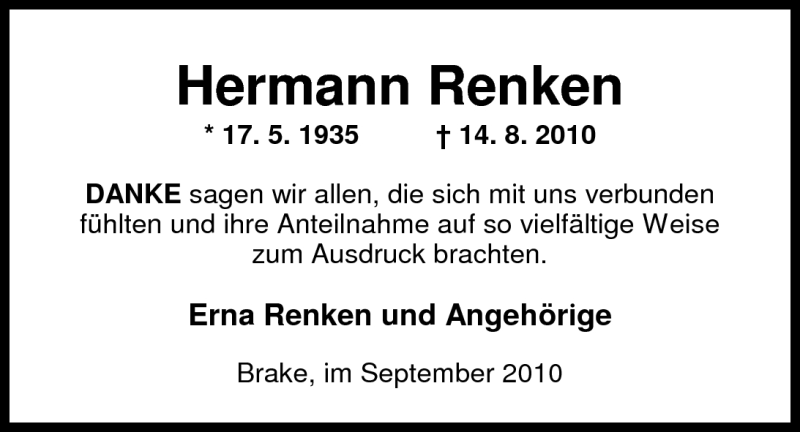  Traueranzeige für Hermann Renken vom 18.09.2010 aus Nordwest-Zeitung