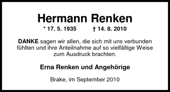 Traueranzeige von Hermann Renken von Nordwest-Zeitung