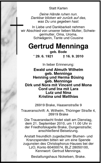 Traueranzeige von Gertrud Menninga von Nordwest-Zeitung