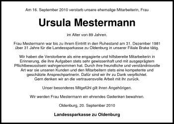 Traueranzeige von Ursula Mestermann von Nordwest-Zeitung
