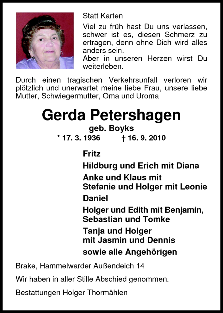  Traueranzeige für Gerda Petershagen vom 23.09.2010 aus Nordwest-Zeitung