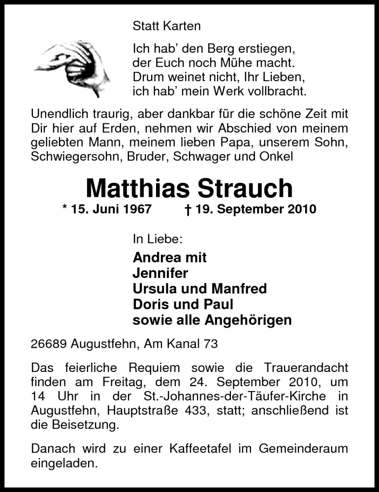  Traueranzeige für Matthias Strauch vom 21.09.2010 aus Nordwest-Zeitung
