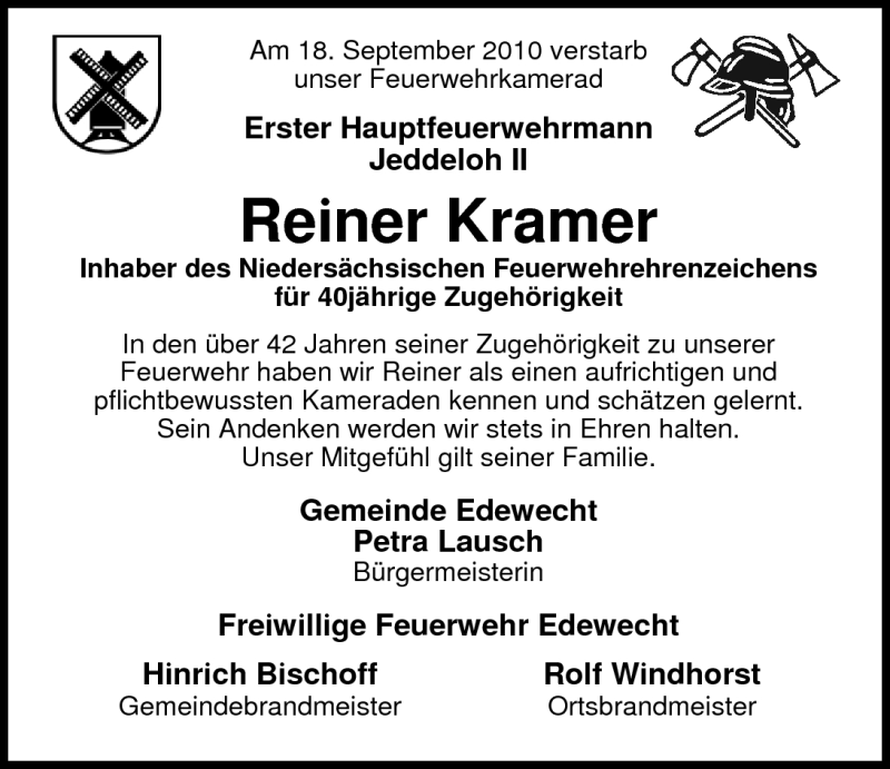  Traueranzeige für Reiner Kramer vom 21.09.2010 aus Nordwest-Zeitung