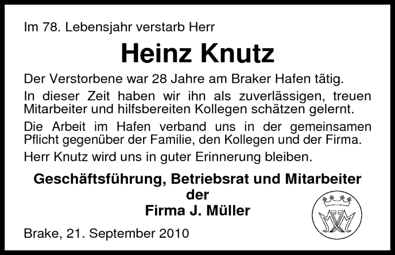  Traueranzeige für Heinz (Heino) Knutz vom 30.09.2010 aus Nordwest-Zeitung