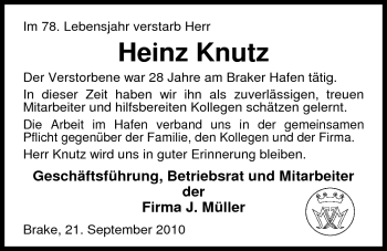 Traueranzeige von Heinz (Heino) Knutz von Nordwest-Zeitung