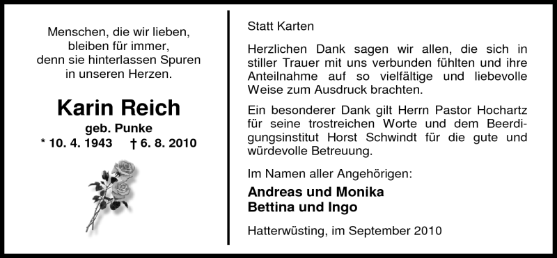  Traueranzeige für Karin Reich vom 25.09.2010 aus Nordwest-Zeitung