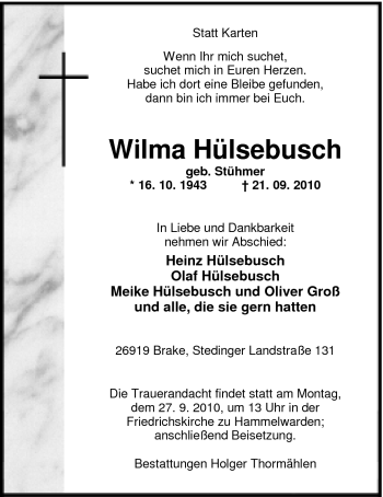 Traueranzeige von Wilma Hülsebusch von Nordwest-Zeitung