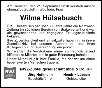 Traueranzeige von Wilma Hülsebusch von Nordwest-Zeitung