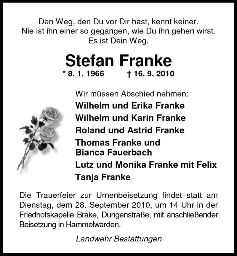  Traueranzeige für Stefan Franke vom 25.09.2010 aus Nordwest-Zeitung
