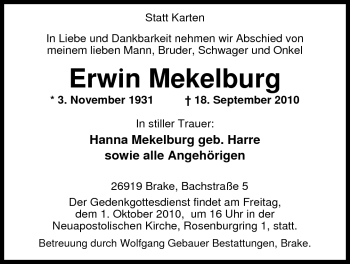 Traueranzeige von Erwin Mekelburg von Nordwest-Zeitung