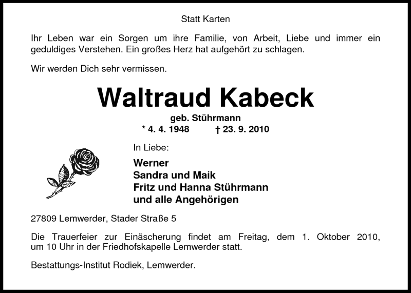  Traueranzeige für Waltraud Kabeck vom 27.09.2010 aus Nordwest-Zeitung
