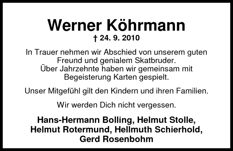  Traueranzeige für Werner Köhrmann vom 27.09.2010 aus Nordwest-Zeitung