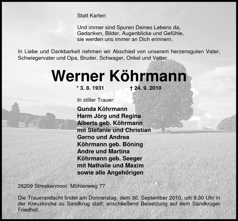  Traueranzeige für Werner Köhrmann vom 27.09.2010 aus Nordwest-Zeitung