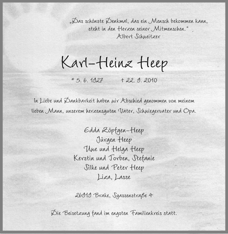  Traueranzeige für Karl-Heinz Heep vom 29.09.2010 aus Nordwest-Zeitung