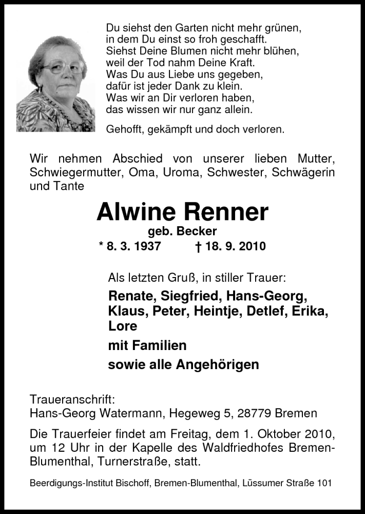  Traueranzeige für Alwine Renner vom 29.09.2010 aus Nordwest-Zeitung