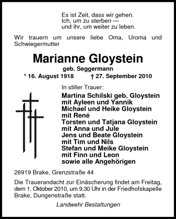 Traueranzeige von Marianne Gloystein von Nordwest-Zeitung