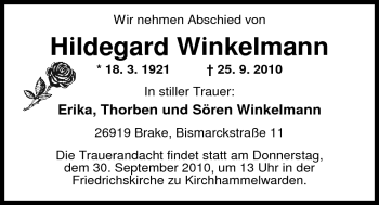 Traueranzeige von Hildegard Winkelmann von Nordwest-Zeitung