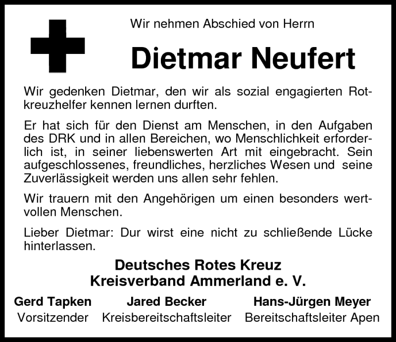  Traueranzeige für Dietmar Neufert vom 29.09.2010 aus Nordwest-Zeitung