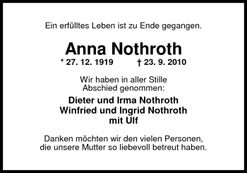 Traueranzeige von Anna Nothroth von Nordwest-Zeitung