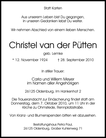 Traueranzeige von Christel van der Pütten von Nordwest-Zeitung