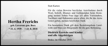 Traueranzeige von Hertha Frerichs von Nordwest-Zeitung