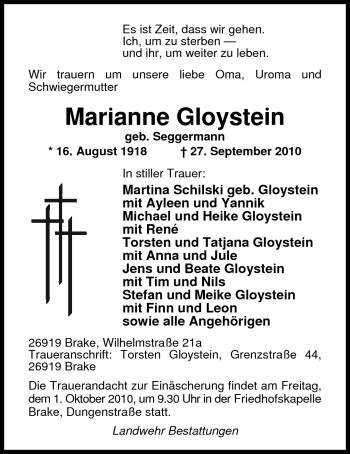 Traueranzeige von Marianne Gloystein von Nordwest-Zeitung