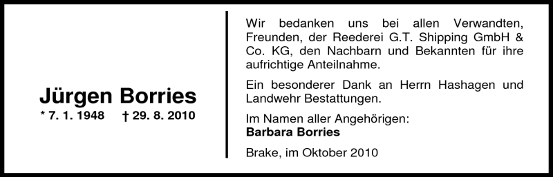  Traueranzeige für Jürgen Borries vom 02.10.2010 aus Nordwest-Zeitung