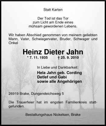 Traueranzeige von Heinz Dieter Jahn von Nordwest-Zeitung