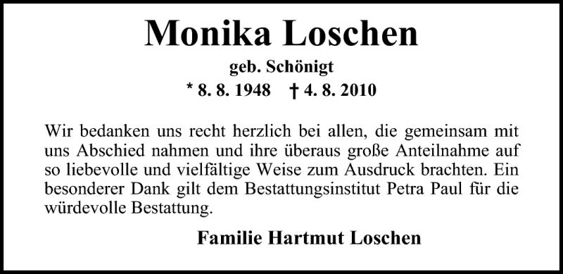  Traueranzeige für Monika Loschen vom 09.10.2010 aus Nordwest-Zeitung