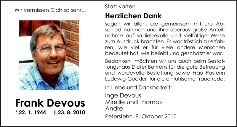  Traueranzeige für Frank Devous vom 08.10.2010 aus Nordwest-Zeitung